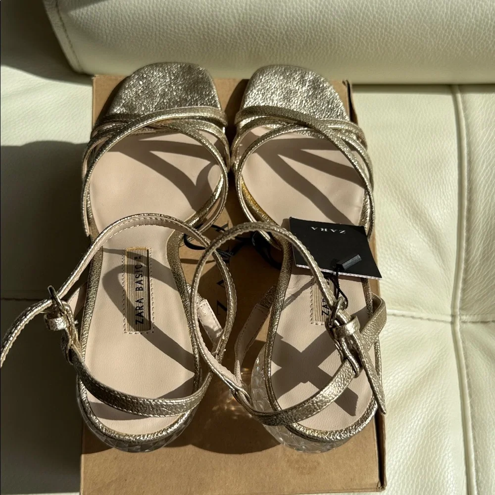Zara‎ Gold Strappy Heels With Crystal Block